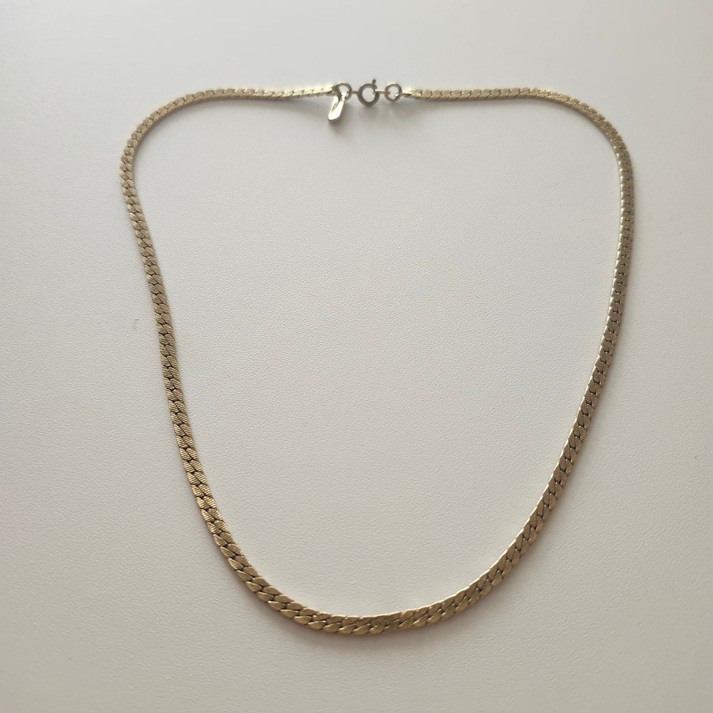Vintage Monet Gold Tone Textured Herringbone Chain Necklace 17.5 Inch Signed